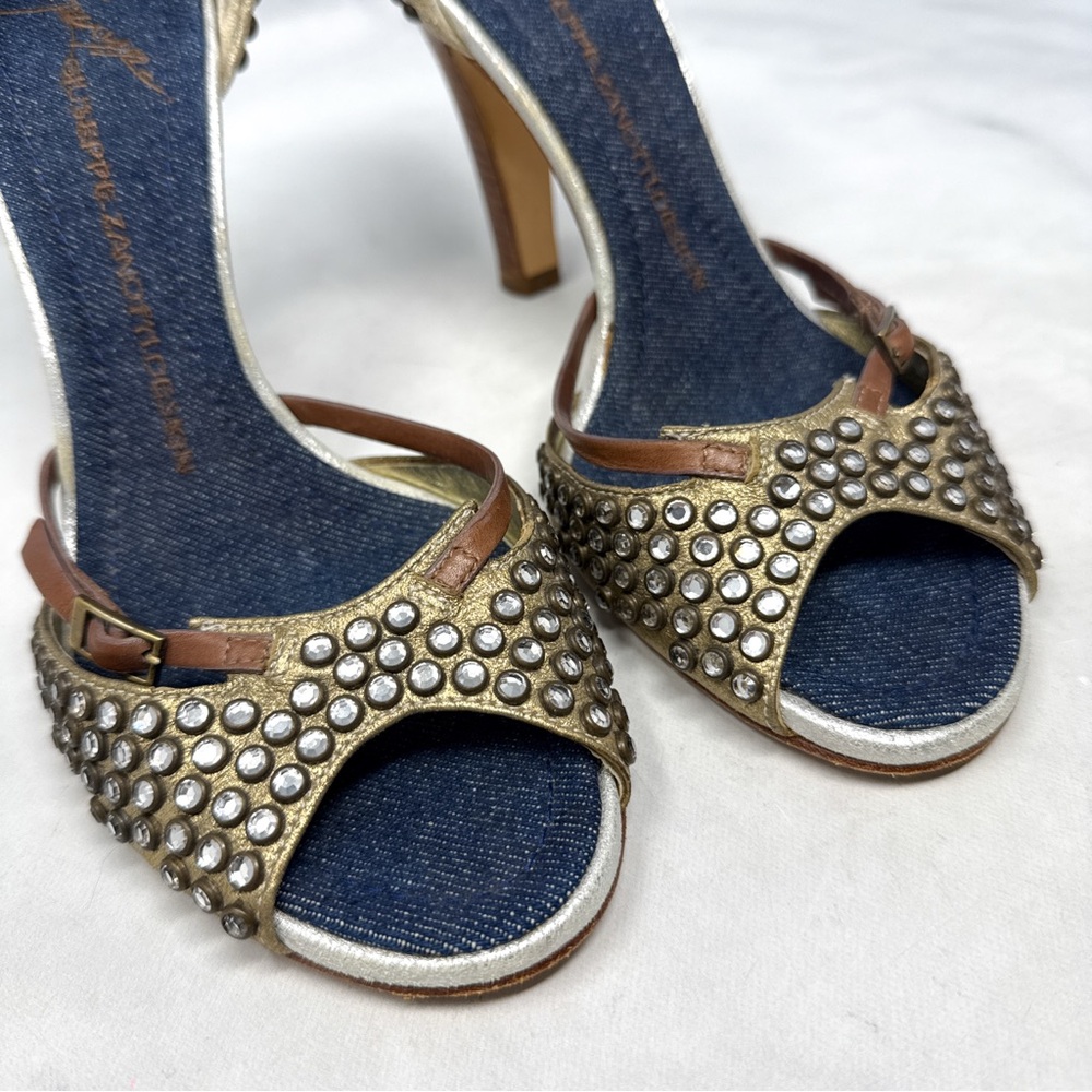 Giuseppe Zanotti Vicini Vintage Y2K Studded Leather Denim Block Heel Pumps 37